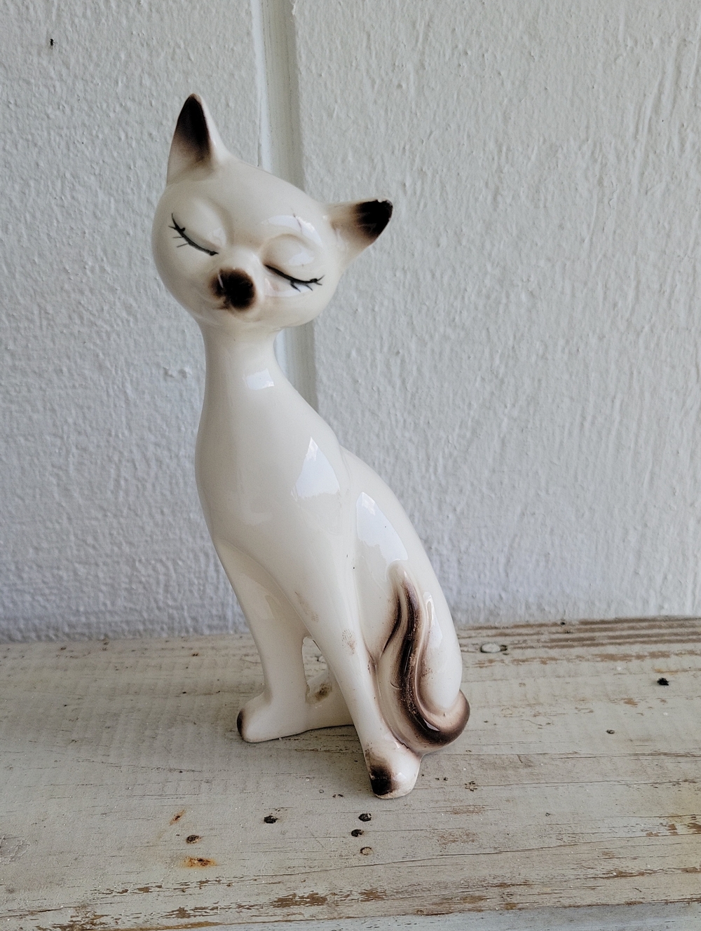 Vintage Ceramic White Cat Figurine Brown And White Made In Japan